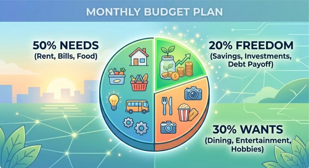 A modern digital infographic of a stylized pie chart divided into three segments: a large 50% segment for 'NEEDS' with icons of housing and groceries; a 30% segment for 'WANTS' with icons of dining and entertainment; and a glowing 20% 'FREEDOM' segment with a savings jar and growing coins.