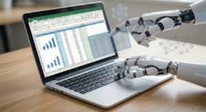 Robotic hand interacting with a laptop financial spreadsheet representing AI business loan underwriting.