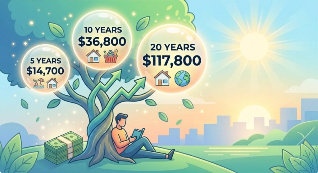 An inspiring illustrative infographic showing a stylized 'wealth tree' growing from the original small 'KEEP' money stack from image 0. Transparent, glowing bubbles labeled 5, 10, and 20 years show progress and dollar amounts of exponential growth ($14,700, $36,800, $117,800). A relaxed person sits underneath the tree.