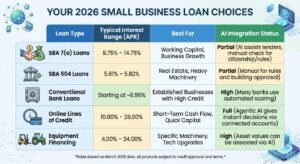 Alt Text: Comparison table of 2026 small business loan choices including SBA 7a, SBA 504, Bank Loans, Online Lines of Credit, and Equipment Financing with interest rates and AI integration status.