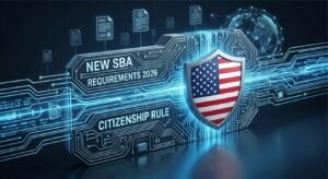 Digital security shield with U.S. flag icon representing 2026 SBA citizenship loan requirements.