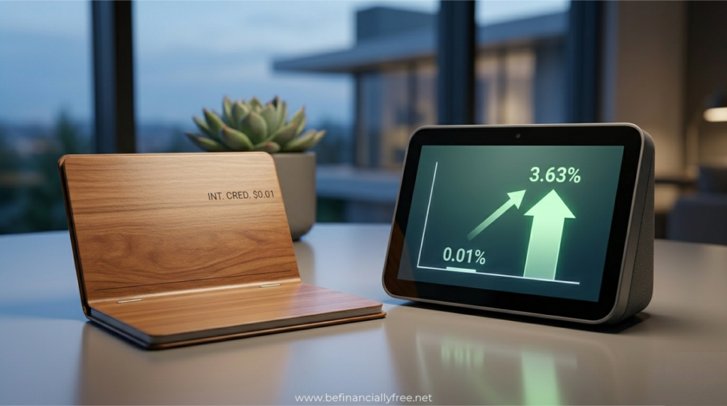A realistic photo of an open wooden bank passbook displaying a minimal interest entry of '$0.01' next to a glowing smart display showing a 3.63% (illustrative) T-Bill rate for 2026. A subtle reflective watermark of befinanciallyfree.net is on the desk.