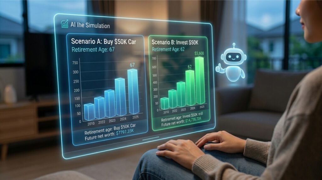 A futuristic transparent OLED display showing dynamic AI scenario simulations for financial goals, comparing the retirement impact of buying a car versus investing $50K. This illustrates how to use AI for personal financial planning 2026.