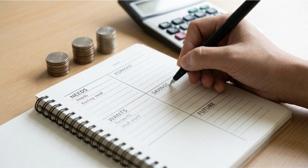 A close-up shot of a hand using a black pen to write 'SAVINGS' into a notebook column marked with simple English labels for budgeting, accompanied by stacked coins and a calculator on a wooden table.