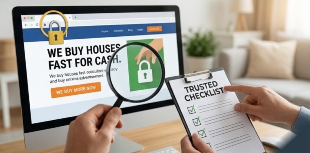 A magnifying glass over a computer screen showing a "We Buy Houses" website with a padlock icon and a hand holding a "Trusted Checklist."