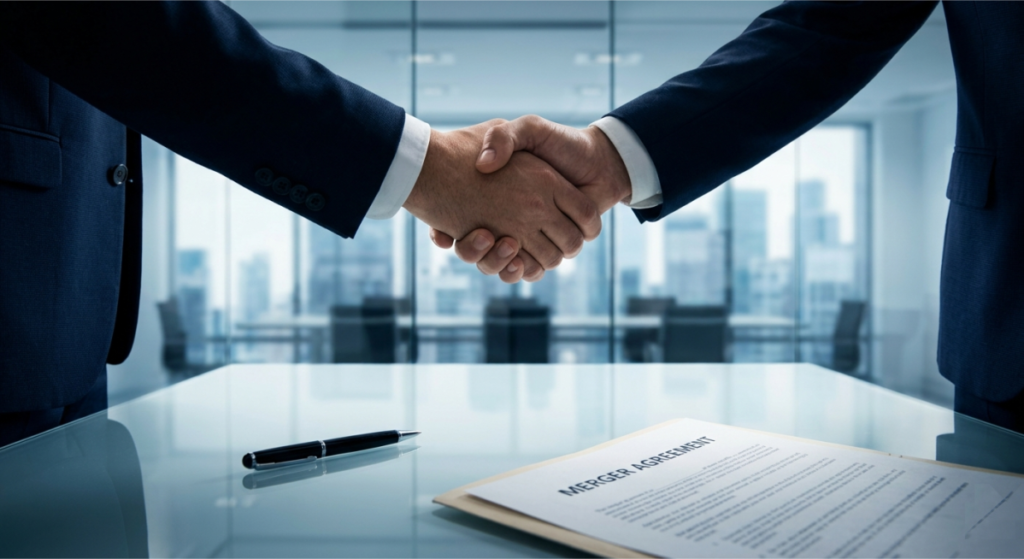 Close-up of two business leaders shaking hands over a signed corporate merger agreement.