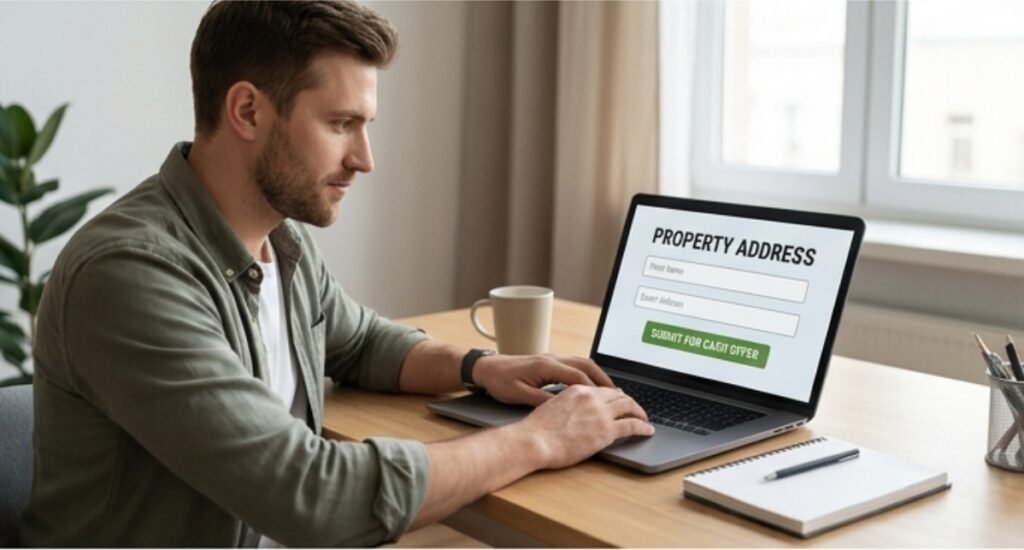 A man sitting at a desk using a laptop to fill out a "Property Address" form to request a cash offer on his home.