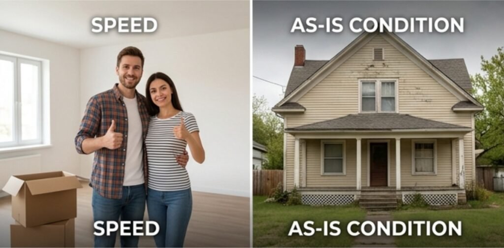 A split-screen image showing a happy couple in a clean room labeled "Speed" and an older house exterior labeled "As-Is Condition."