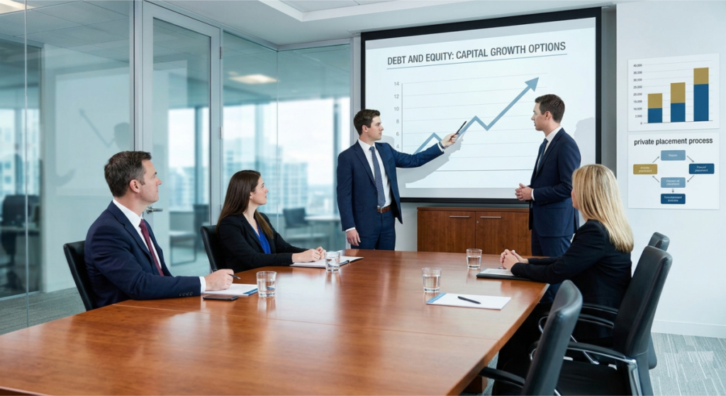 A financial analyst presents debt and equity capital raising options to a board of directors in a modern conference room.
