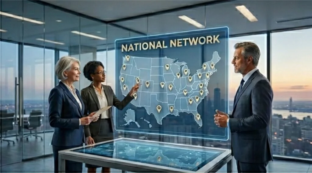 Hands hold a leather-bound notebook displaying a checklist. The text is clear: '1. Cases Handled?', '2. Who Leads Case?', '3. Trust Fund database?', '4. VA Benefits support?'. A fountain pen rests nearby.