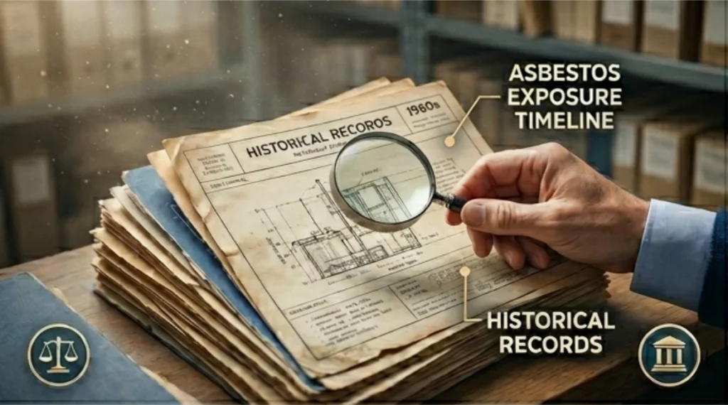A close-up photograph of a hand sorting through weathered, vintage industrial blueprints from the 1960s using a magnifying glass. Graphical overlays illustrate an 'ASBESTOS EXPOSURE TIMELINE' and 'HISTORICAL RECORDS'.
