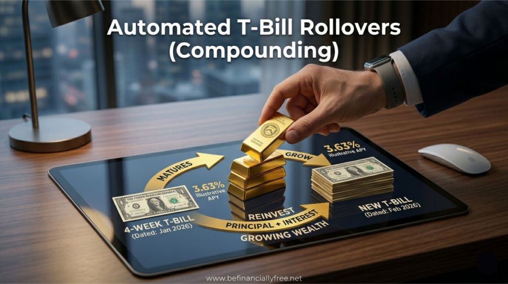 A highly realistic close-up photo of a hand with a smartwatch, identical to image 7, placing a small gold U.S. Treasury eagle bar onto a growing stack. A digital infographic on the desk surface illustrates the circular flow of 4-week T-Bill rollovers from Jan 2026 to Feb 2026. Branded subtly for befinanciallyfree.net.
