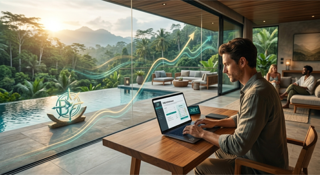 digital nomad working in tropical villa with geographic arbitrage view 2026