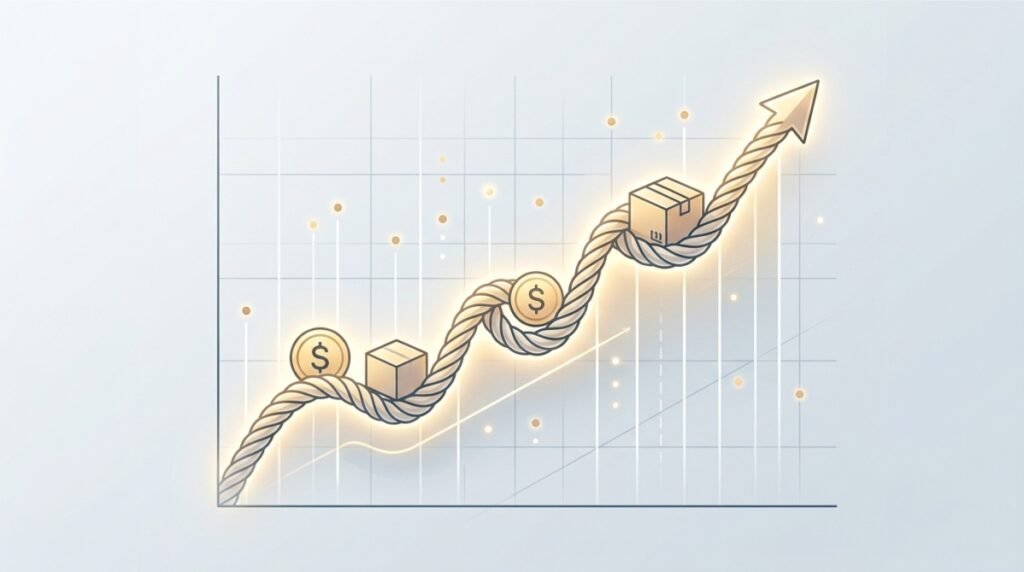 A conceptual illustration showing a flexible, glowing rope labeled "CREDIT LINE" functioning as a safety net that supports small business icons like inventory, cash coins, and a handshake.
