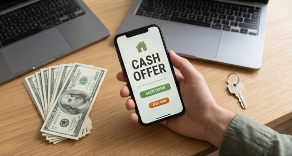 A close-up of a hand holding a smartphone showing a "Cash Offer" notification next to a stack of hundred-dollar bills and a house key.