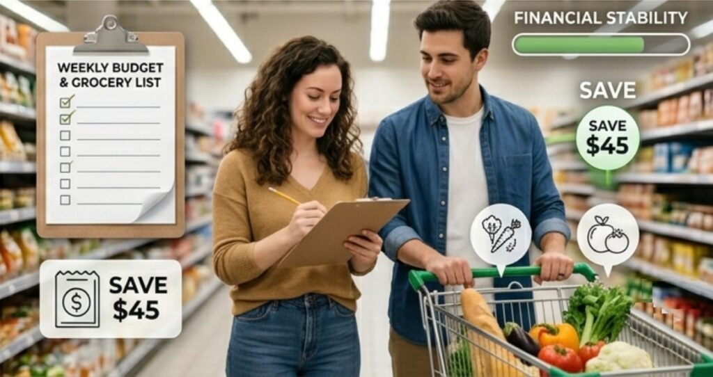 A realistic shot of a couple in a grocery store produce aisle, checking off items on a 'WEEKLY BUDGET & GROCERY LIST' to save money.