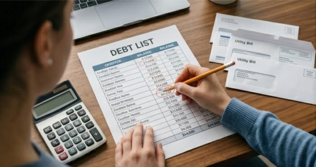 A realistic over-the-shoulder view of a person using a pencil to circle balances on a physical 'DEBT LIST' spreadsheet at a wooden desk with a calculator.