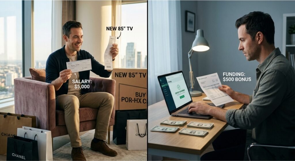 A split-screen comparison showing a man impulsively spending a $500 bonus on luxury goods on the left, and the same man disciplinedly allocating a $5,000 salary to investments on the right.