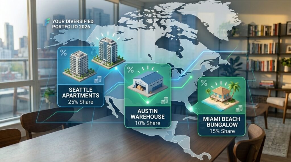 Infographic map showing real-world properties across North America—including city high-rises, industrial warehouses, and beach bungalows—all connected by percentage shares, visualizing fractional real estate investing and diversification.