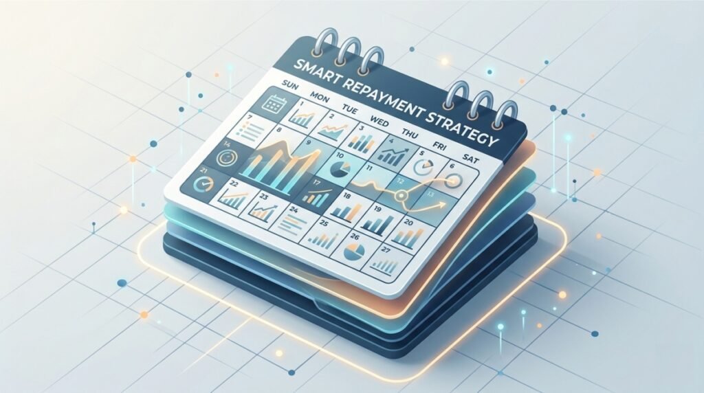 A conceptual illustration of a stacked, modern calendar titled "SMART REPAYMENT STRATEGY," where instead of numbers, dates are visualized as small, glowing data charts and progress graphs, symbolizing organized credit management.