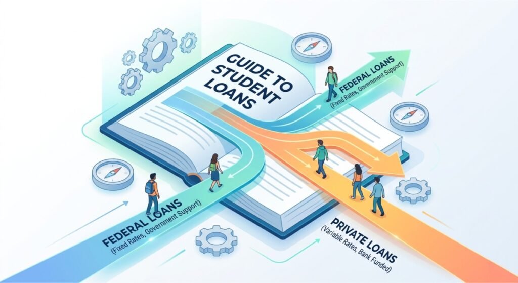 A conceptual roadmap illustration showing diverging paths for Federal and Private student loans, emerging from a book titled 'Guide to Student Loans'.