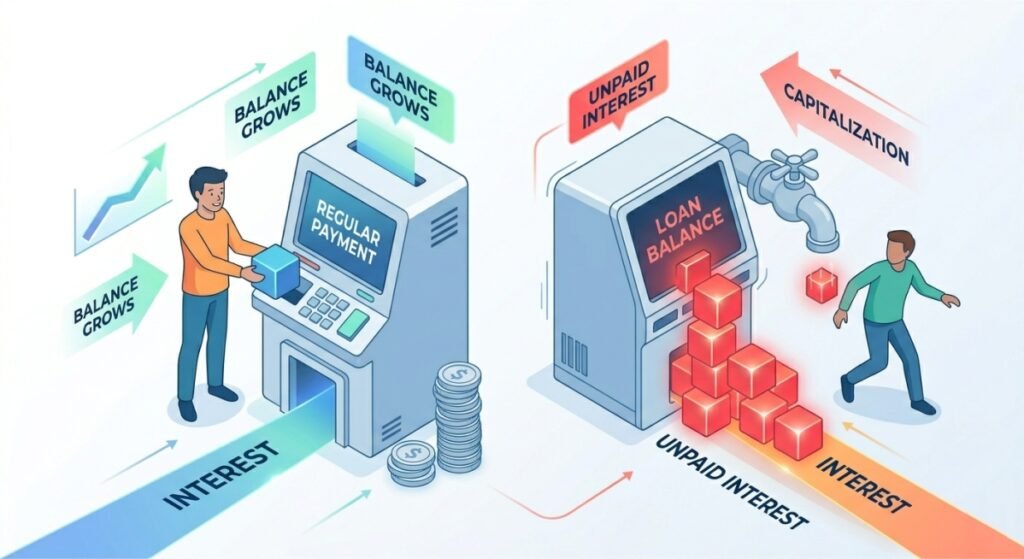 An isometric comparison infographic illustrating a managed loan balance on the left and an overflowing, capitalized interest balance on the right, using the same vector style as image