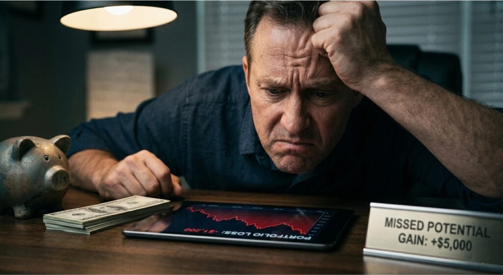 A close-up, realistic photo of a stressed male investor looking at a red digital stock ticker showing a decline, illustrating the biological pain of loss aversion.