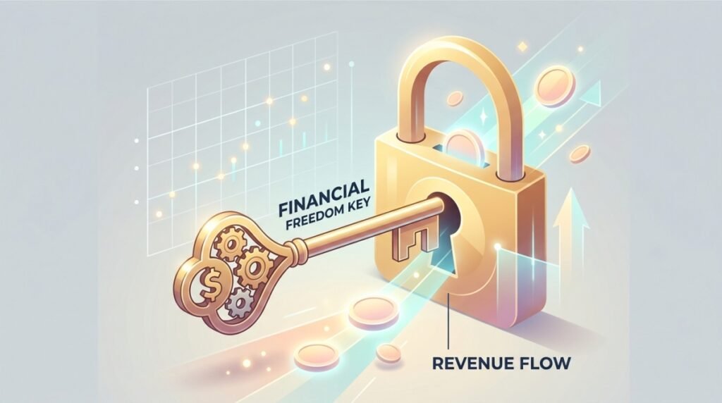 A glowing, stylized golden key, integrated with cogwheels and a dollar sign, unlocks a large abstract lock, releasing streams of glowing coins and symbolizing how a line of credit can unlock revenue flow for startups without equity dilution.