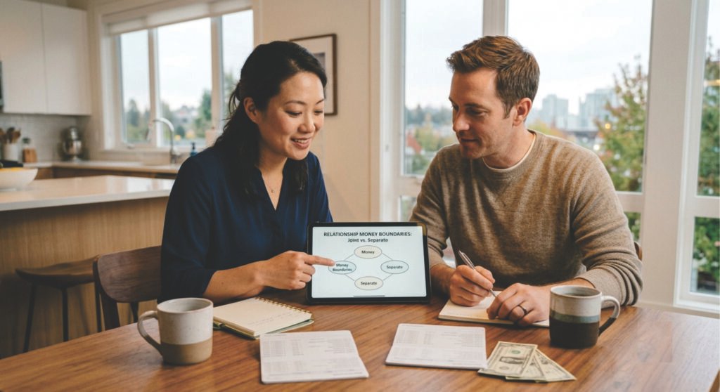 A woman and a man sitting together at a wooden dining table reviewing a financial boundary chart on a tablet.