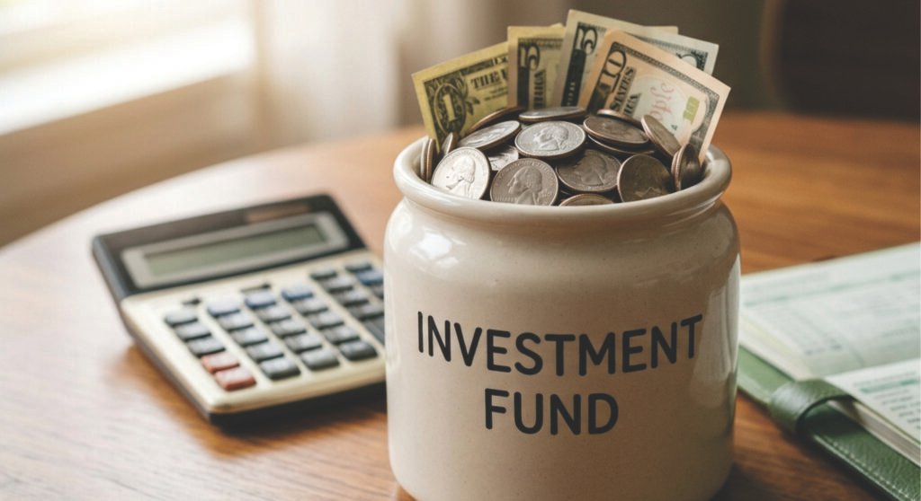 A white ceramic jar labeled Investment Fund overflowing with cash and coins on a wooden table next to a calculator.