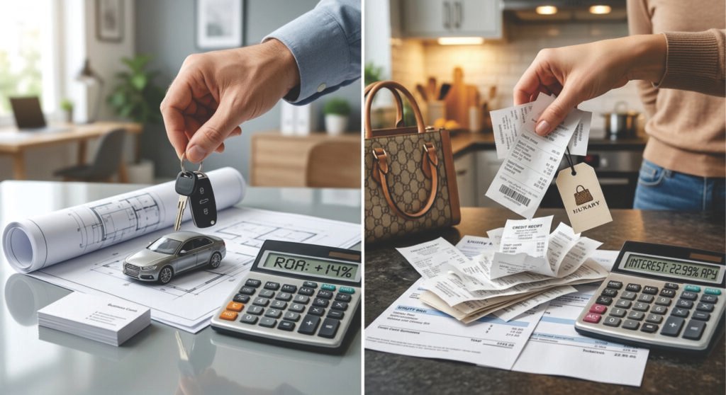 A split photo contrasting a calculator displaying a positive 14% ROA near business blueprints and car keys (good debt), against a calculator displaying high 22.99% APY interest near crumpled consumer receipts (bad debt).