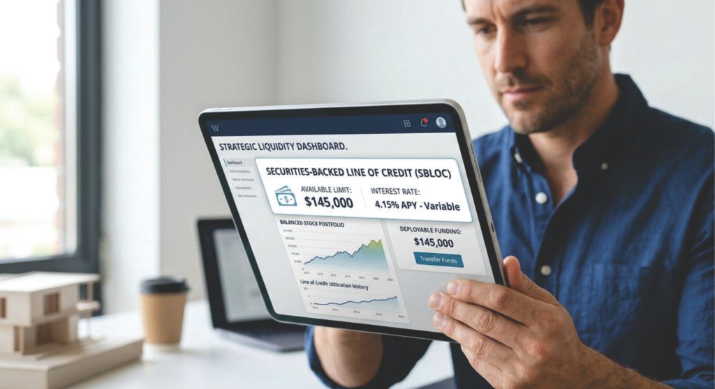 A close-up realistic photograph of an investor holding a brushed metal tablet showing a wealth management dashboard with an activated Securities-Backed Line of Credit (SBLOC) showing a 4.15% APY rate.