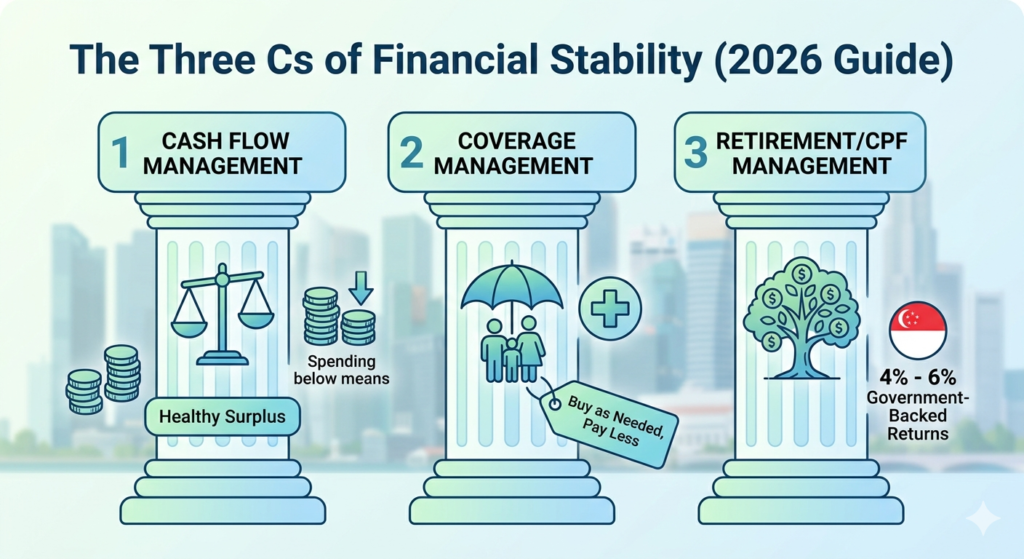 Christopher Tan's three pillars of financial stability in 2026: Cash Flow, Coverage, and Retirement Management diagram.
