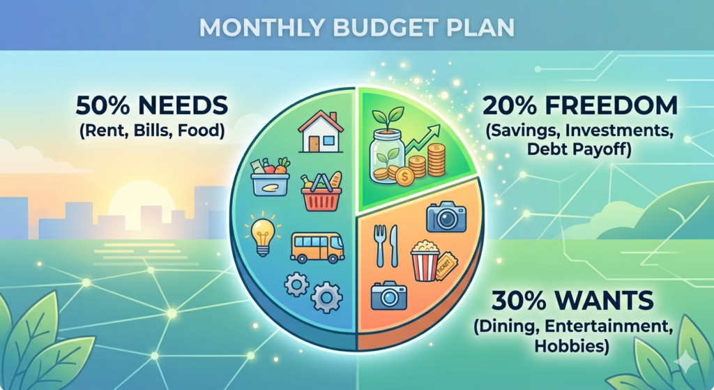 A modern digital infographic of a stylized pie chart divided into three segments: a large 50% segment for 'NEEDS' with icons of housing and groceries; a 30% segment for 'WANTS' with icons of dining and entertainment; and a glowing 20% 'FREEDOM' segment with a savings jar and growing coins.
