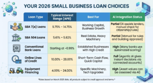 Comparison table of 2026 small business loan choices including SBA 7a, SBA 504, Bank Loans, Online Lines of Credit, and Equipment Financing with interest rates and AI integration status.