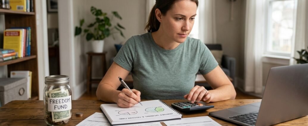 A determined woman with brown hair sits at a cozy kitchen table using a calculator and writing in a notebook titled 'MONTHLY SPENDING & FREEDOM FUND'. Utility bills, receipts, and a savings jar labeled 'FREEDOM FUND' are spread out, conveying mindful money management.