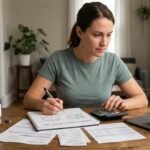 A determined woman with brown hair sits at a cozy kitchen table using a calculator and writing in a notebook titled 'MONTHLY SPENDING & FREEDOM FUND'. Utility bills, receipts, and a savings jar labeled 'FREEDOM FUND' are spread out, conveying mindful money management.