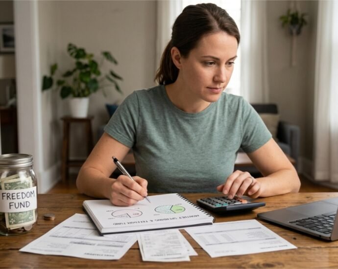 A determined woman with brown hair sits at a cozy kitchen table using a calculator and writing in a notebook titled 'MONTHLY SPENDING & FREEDOM FUND'. Utility bills, receipts, and a savings jar labeled 'FREEDOM FUND' are spread out, conveying mindful money management.