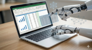 Robotic hand interacting with a laptop financial spreadsheet representing AI business loan underwriting.