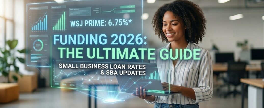 Professional woman in a sunlit office viewing a 2026 business loan rates holographic display.