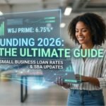 Professional woman in a sunlit office viewing a 2026 business loan rates holographic display.