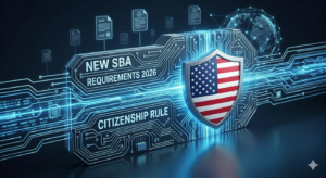 Digital security shield with U.S. flag icon representing 2026 SBA citizenship loan requirements.