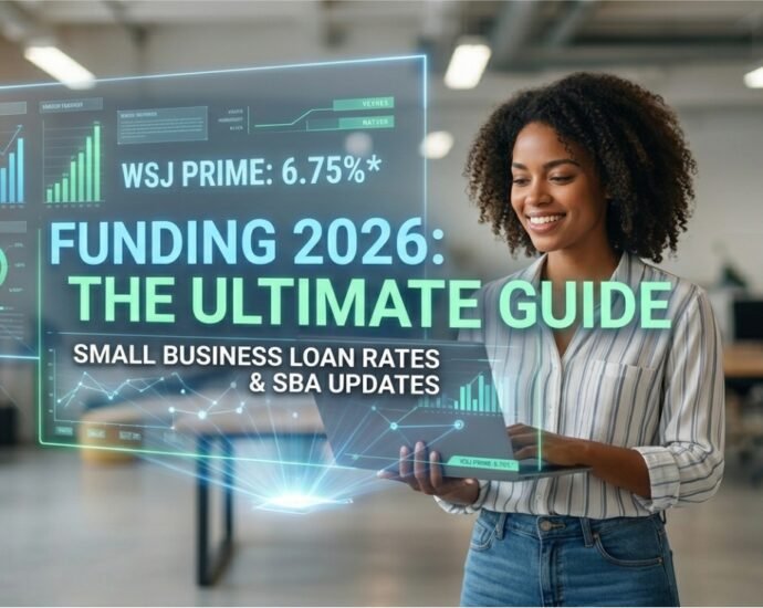 Professional woman in a sunlit office viewing a 2026 business loan rates holographic display.