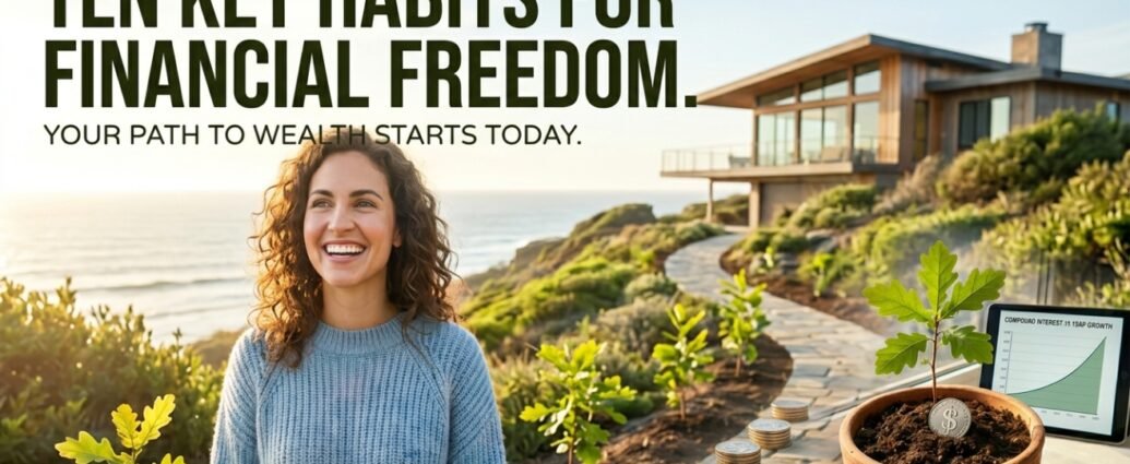 A smiling woman standing on a coastal path near a modern home, with a small oak sapling growing in a pot representing the habits for financial freedom and compound interest.