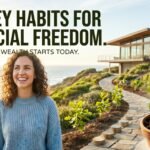 A smiling woman standing on a coastal path near a modern home, with a small oak sapling growing in a pot representing the habits for financial freedom and compound interest.