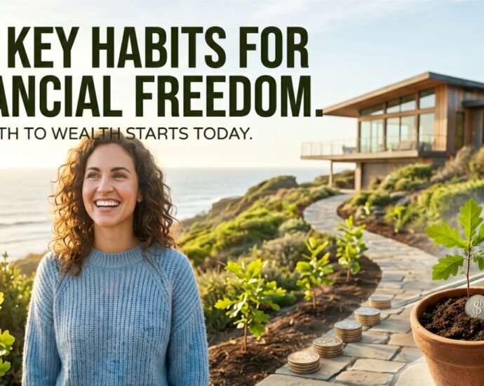 A smiling woman standing on a coastal path near a modern home, with a small oak sapling growing in a pot representing the habits for financial freedom and compound interest.