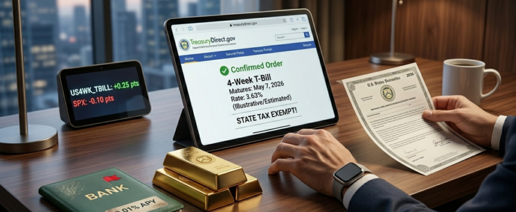 A highly detailed photograph of a person in a sophisticated 2026 home office, confirmed purchasing a U.S. T-Bill on a tablet interface at a rate of 3.63% (illustrative), with a U.S. Treasury seal gold bar. Branded for www.befinanciallyfree.net.