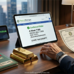 A highly detailed photograph of a person in a sophisticated 2026 home office, confirmed purchasing a U.S. T-Bill on a tablet interface at a rate of 3.63% (illustrative), with a U.S. Treasury seal gold bar. Branded for www.befinanciallyfree.net.