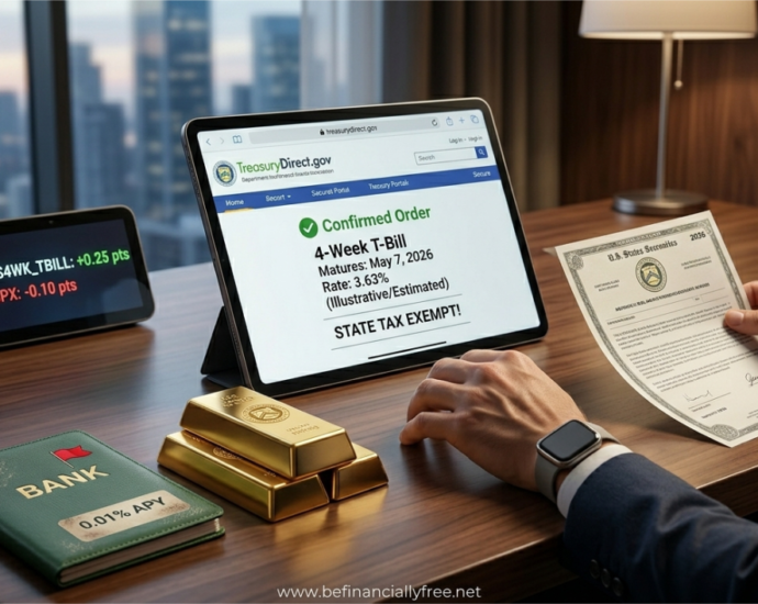A highly detailed photograph of a person in a sophisticated 2026 home office, confirmed purchasing a U.S. T-Bill on a tablet interface at a rate of 3.63% (illustrative), with a U.S. Treasury seal gold bar. Branded for www.befinanciallyfree.net.