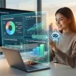 Woman using a futuristic holographic interface for automated financial planning and investing. This visual demonstrates how to use AI for personal financial planning 2026 by showing predictive budgeting and robo-advisor tools.